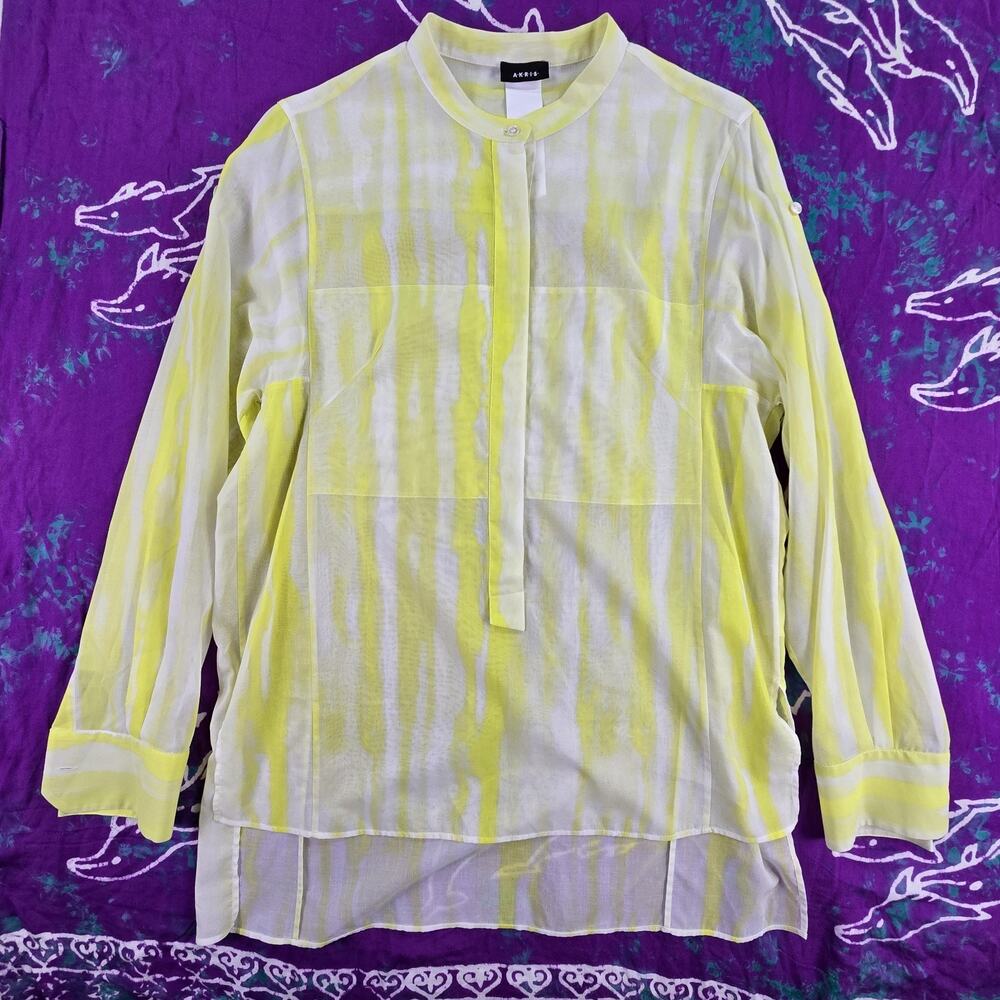 AKRIS Womans Tie Dyed Cotton-voile Tunic Blouse Roll Tab Sleeve Chartreuse US 8